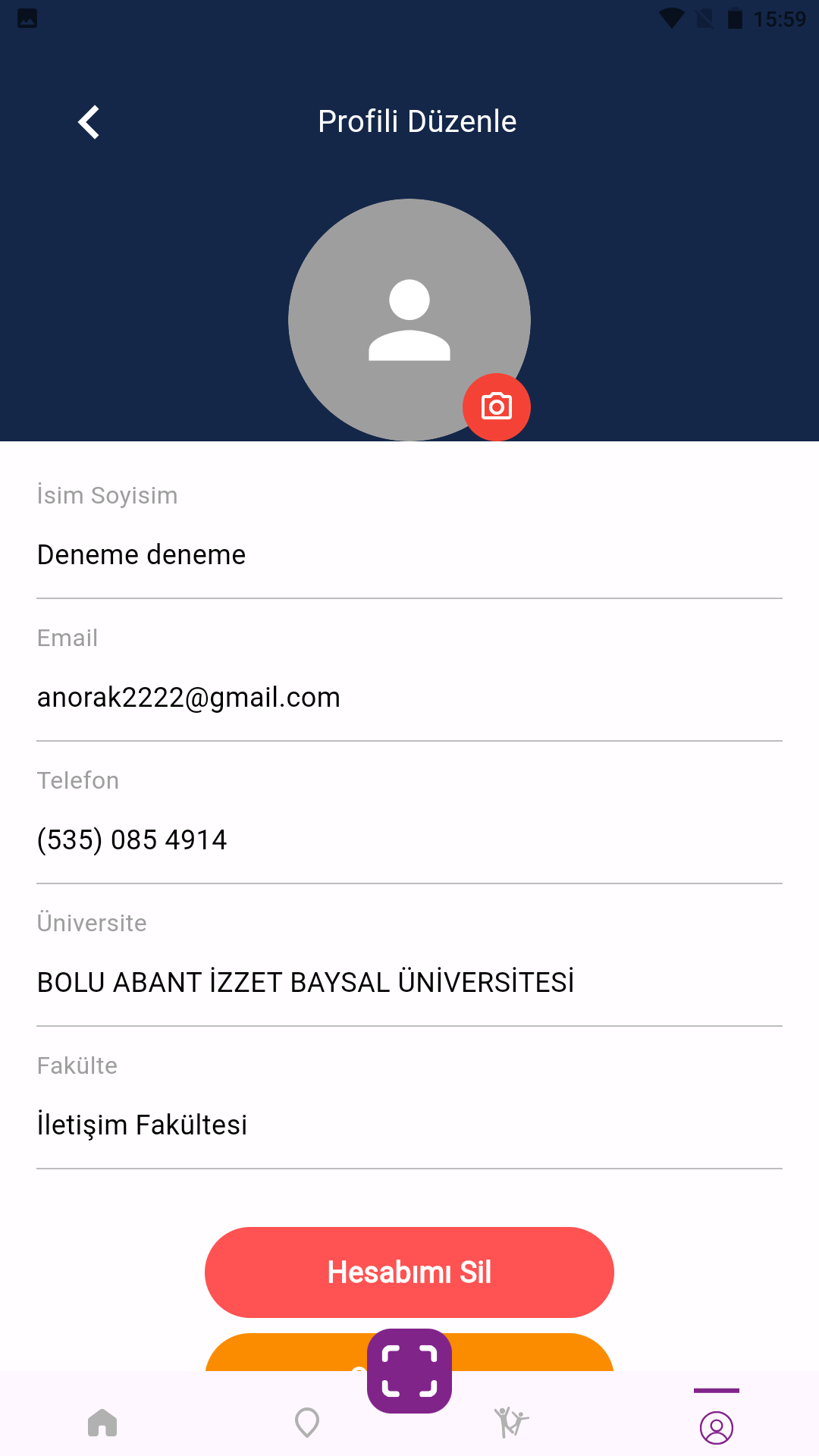 Hesap silme seçeneği ekranı